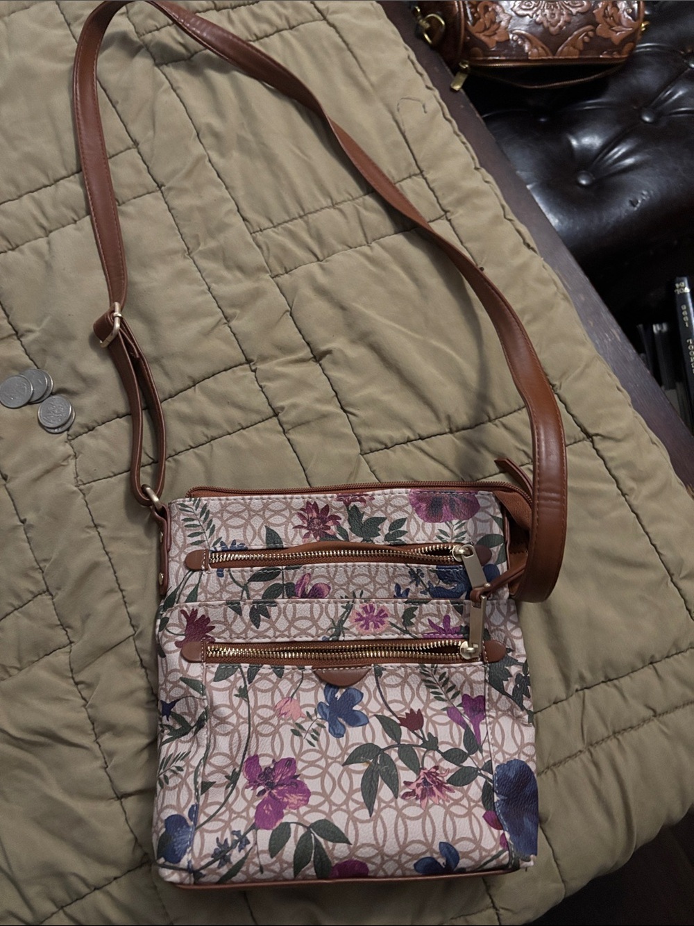 Floral Crossbody Bag with Brown Trim
